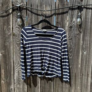 Splendid Navy Blue and White Striped Long Sleeve Scoop Neck Tie Front Top small